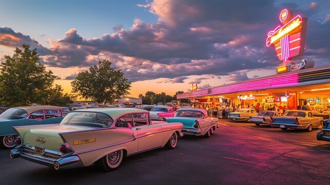 Fototapeta Sunset at the Retro Drive-In Diner: Classic Cars and Neon Lights