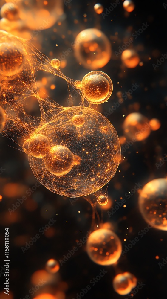 Aufkleber abstract depiction of glowing cells and particles against a dark background.
