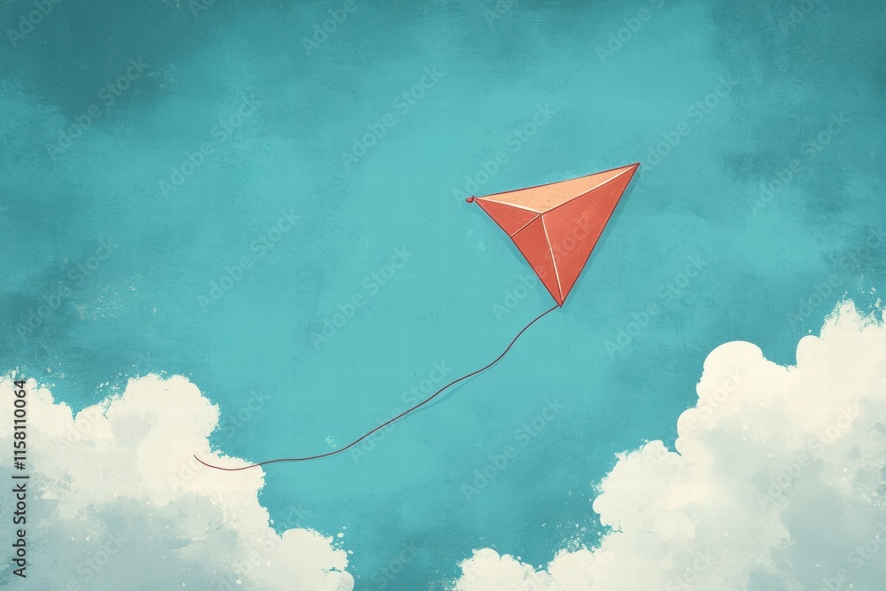 Poster kite flying in a bright blue sky with fluffy clouds on a sunny day in a playful naive art style back