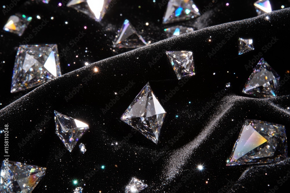Aufkleber Sparkling diamonds scattered on luxurious black fabric creating a stunning visual effect and elegant mock up space. Generative AI