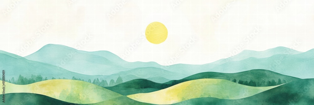 Aufkleber bright sun shines over rolling green hills and soft misty mountains in a naive art style background.