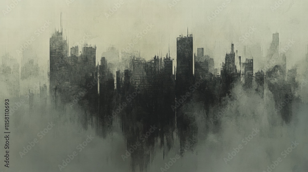 Poster dense smog blankets city skyline obscuring buildings and creating an eerie atmosphere. generative ai