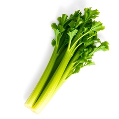 Fresh celery stalks, vibrant green leaves, crisp vegetable, organic produce, white background