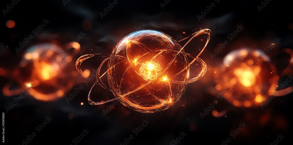 Aufkleber a digital representation of atoms with glowing orbits, symbolizing energy and science.