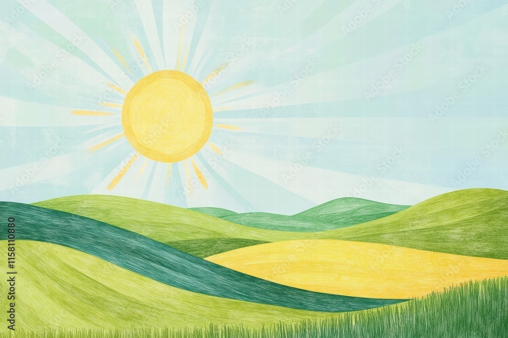 Aufkleber Bright sun above rolling green hills in naive art style with open space for text and design elements. Generative AI