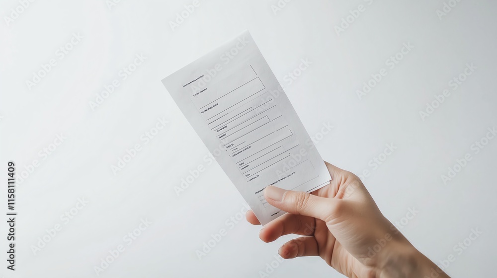 Poster a close-up of a hand holding a voting ballot with a clean white background, showing a digital interf