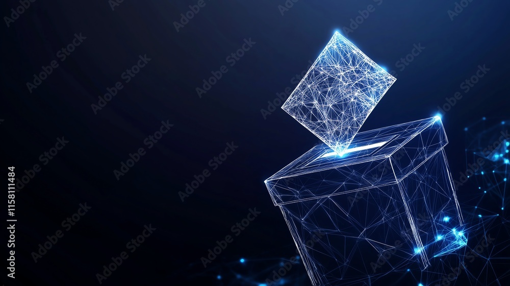 Poster a digital representation of a ballot being cast, with low poly wireframe details, set on a dark blue