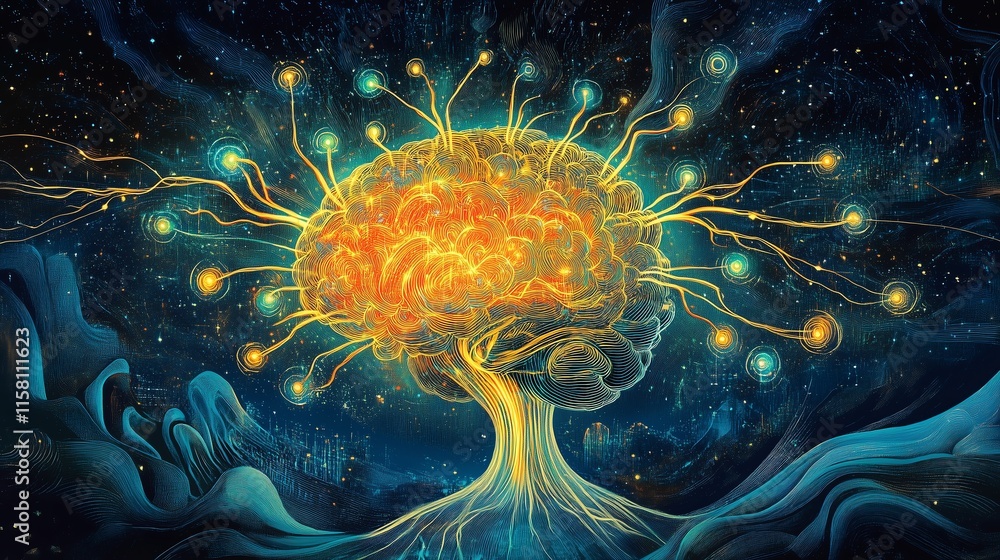 Poster vibrant human brain with glowing waveforms and neural links forming intricate digital pathways on st