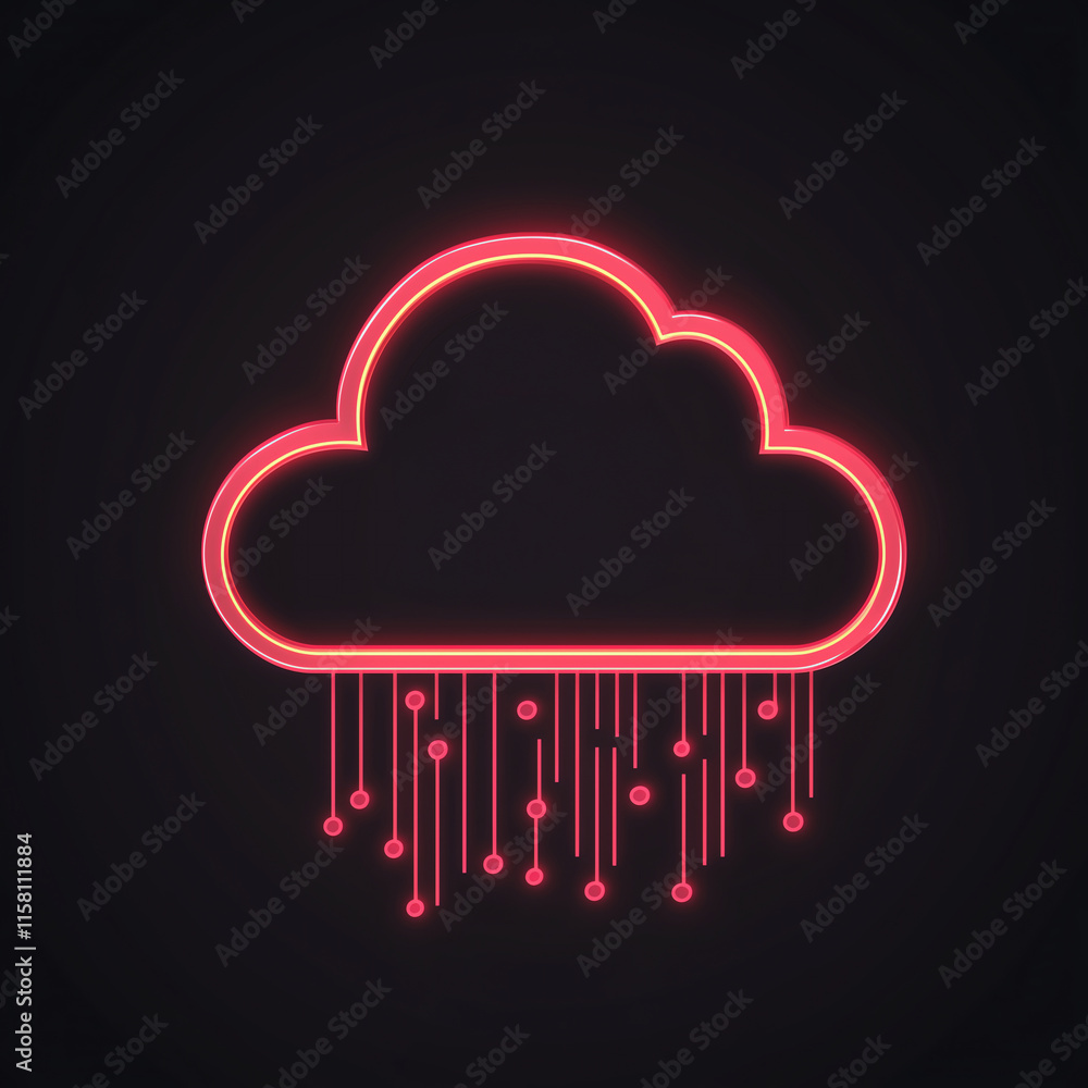 Poster stylish outline of cloud with alert icon, minimal background, glowing circuits, and big data visuali