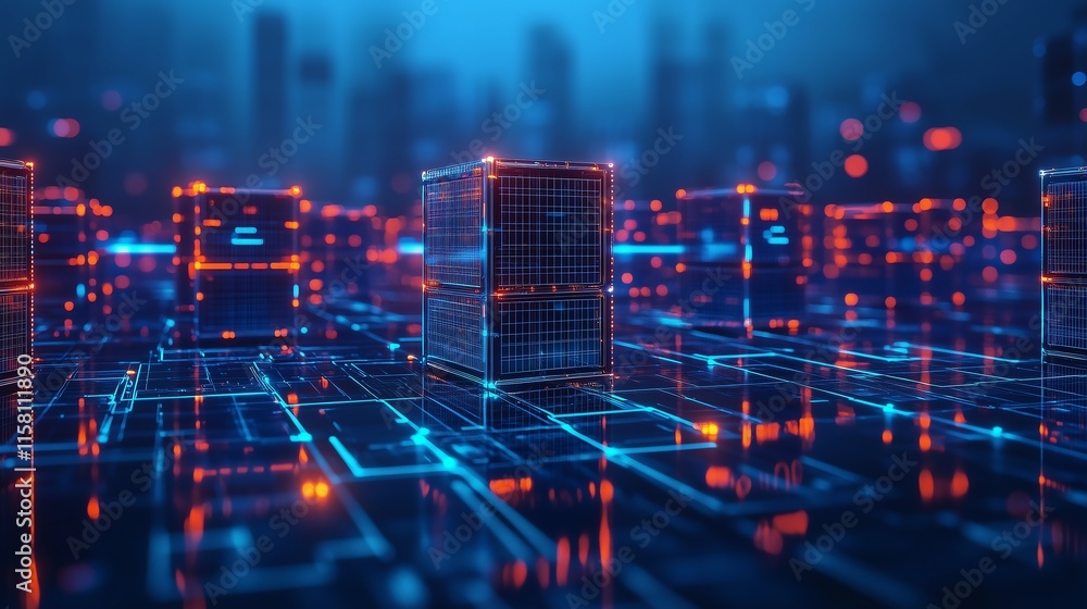 Poster sprawling futuristic storage complex with interconnected glowing blue wireframe structures in a mini