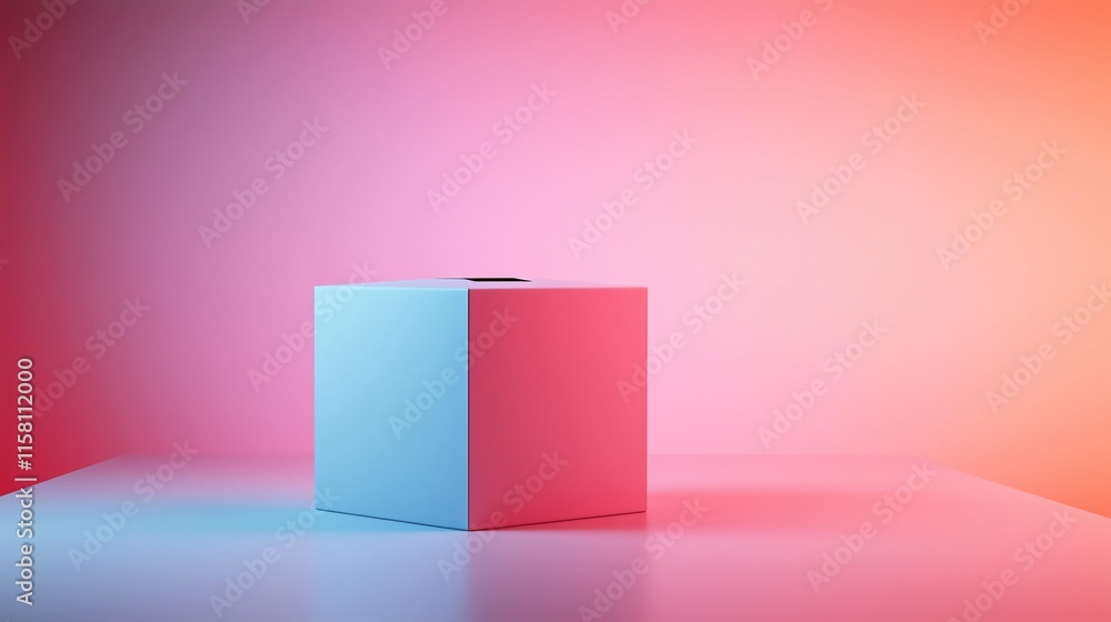Aufkleber an empty ballot box resting on a smooth surface, surrounded by open space, with a soft pastel-colore