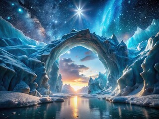 Surreal Glacial Archway Landscape 3D Render:  Fantasy Ice Cave, Arctic Wonderland, Frozen Architecture