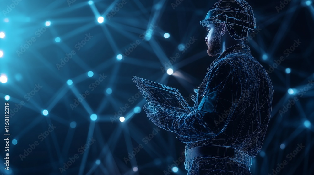 Poster a professional examining robotic components, set against a dark blue background with glowing low pol