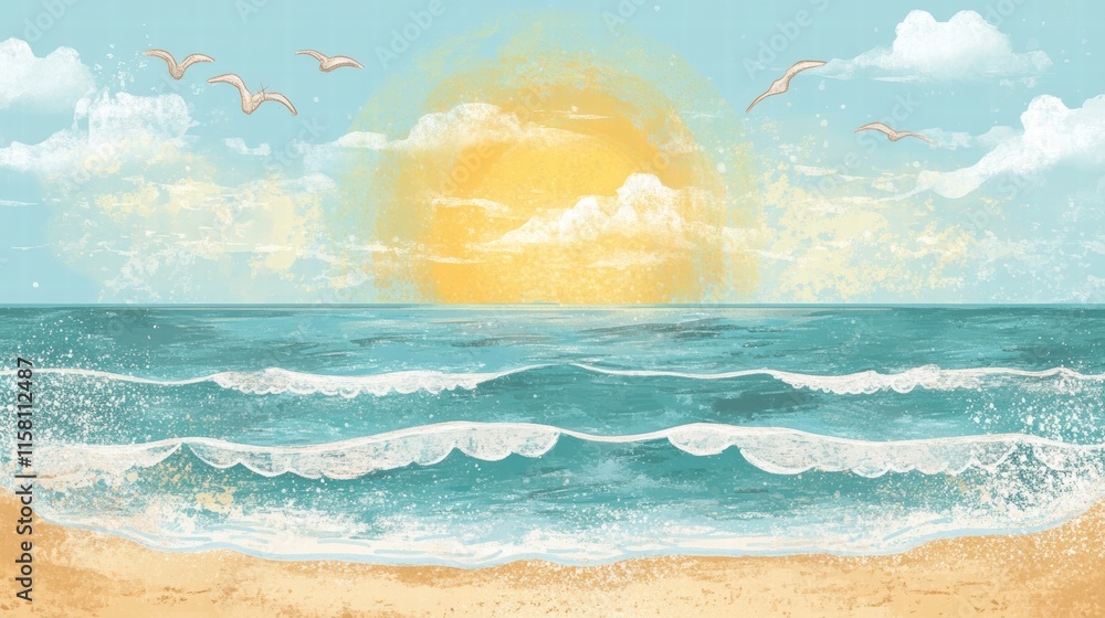 Aufkleber Bright sun over gentle waves creating a serene atmosphere at a beach with copy space for text. Generative AI