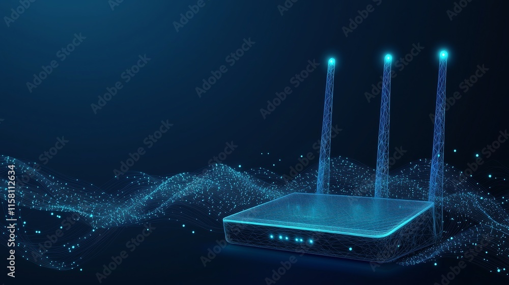 Poster sleek low poly wireframe wifi router with dynamic glowing signal waves, set on a dark blue backgroun
