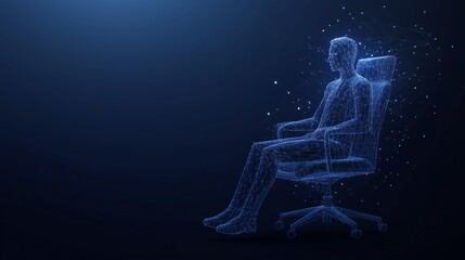 Fototapeta premium Low Poly Wireframe Therapist’s Chair with Abstract Figures on Dark Blue Background, Representing Psychotherapy and Emotional Healing