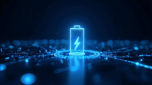 A glowing battery icon symbolizing energy and technology in a digital environment.