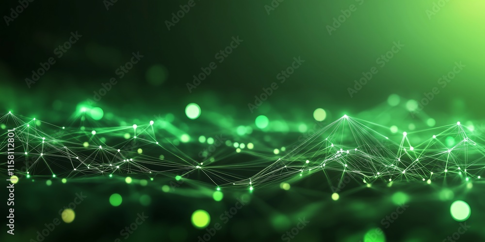 Poster futuristic network of glowing green nodes and lines forming geometric shapes on a dark green backgro