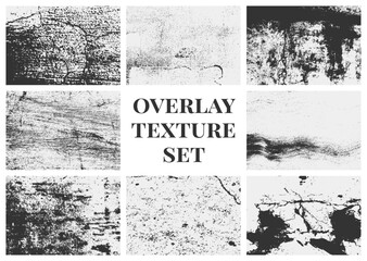 Overlay texture set with grunge elements, scratches, and rough grain. A diverse collection of distressed black textures for professional and artistic use.