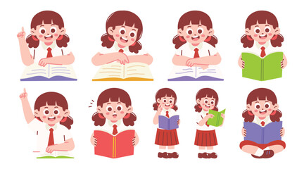 Female Elementary Student Reading Book and Raising Hand