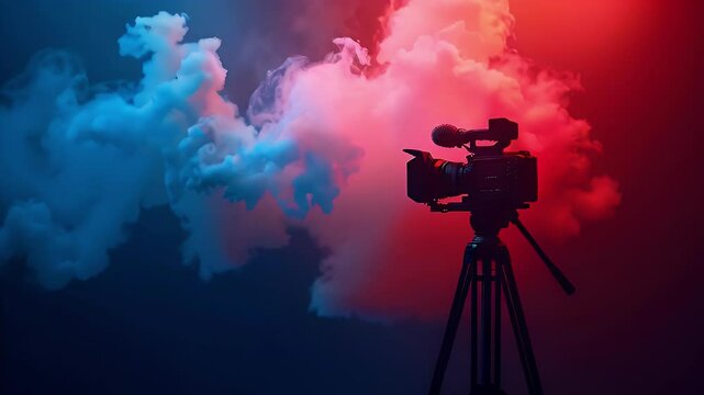 A camera on a tripod surrounded by colorful smoke, symbolizing creativity and filmmaking.
