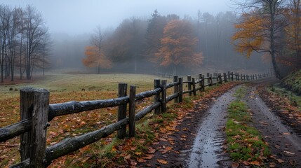 Obraz premium Serene Autumn Landscape with Fog and Dirt Pathway in Forest