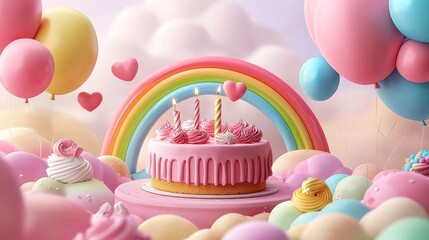 Dreamy Happy Birthday theme wallpaper featuring rainbow, cake, and colorful balloons, creating a festive and joyful atmosphere perfect for birthday parties and celebrations.