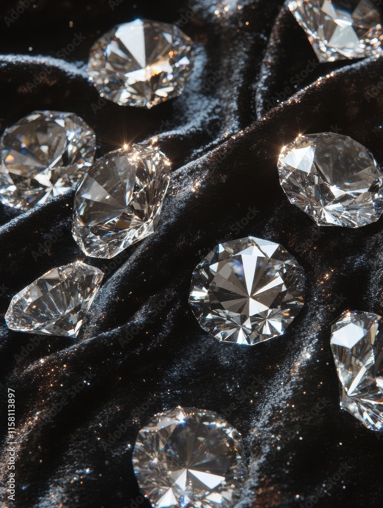 Aufkleber Sparkling large diamonds on soft black fabric ready for display with ample copy space. Generative AI