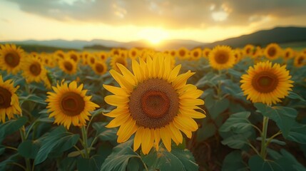 Obraz premium Vibrant Sunflowers in Field with Stunning Sunset Background