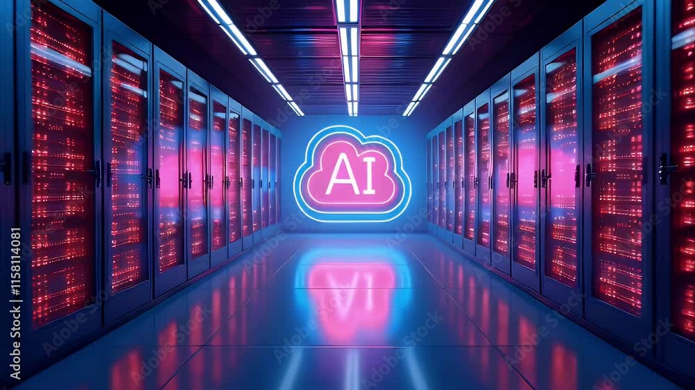 Aufkleber a futuristic data center with neon ai signage and server racks.