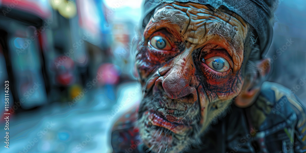Poster digital rendering of undead elderly figure in urban setting