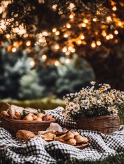 Enjoying a delightful outdoor picnic with food, flowers, and twinkling lights in a serene setting. Generative AI