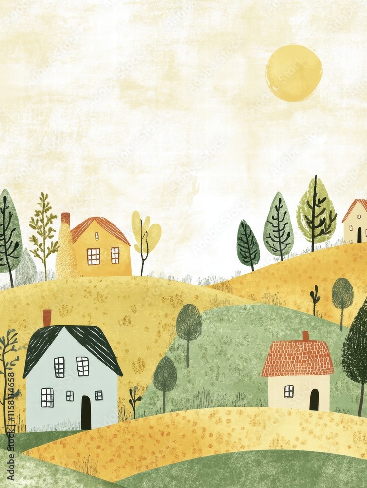Poster colorful naive art style landscape featuring whimsical houses and trees with space for text. generat