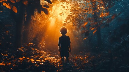 Fototapeta premium Silhouette of a young child standing in a magical forest path. Sun rays breaking through trees in background.