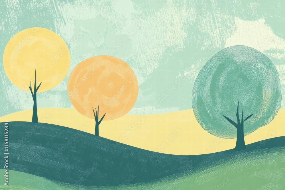 Poster colorful naive art landscape featuring abstract trees and vibrant sun against a textured background 