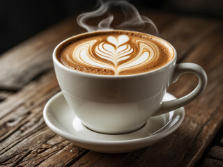 A close-up of a steaming cup of cappuccino placed on a rustic wooden table.