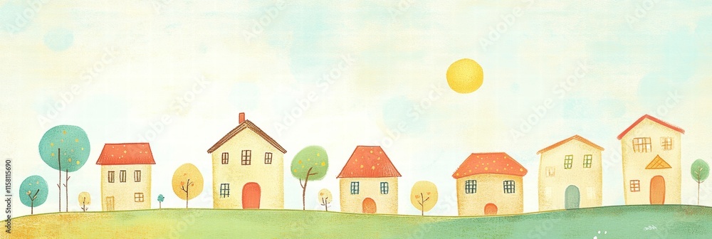 Aufkleber colorful naive art style scene with houses and trees under the sun in a peaceful setting ready for y