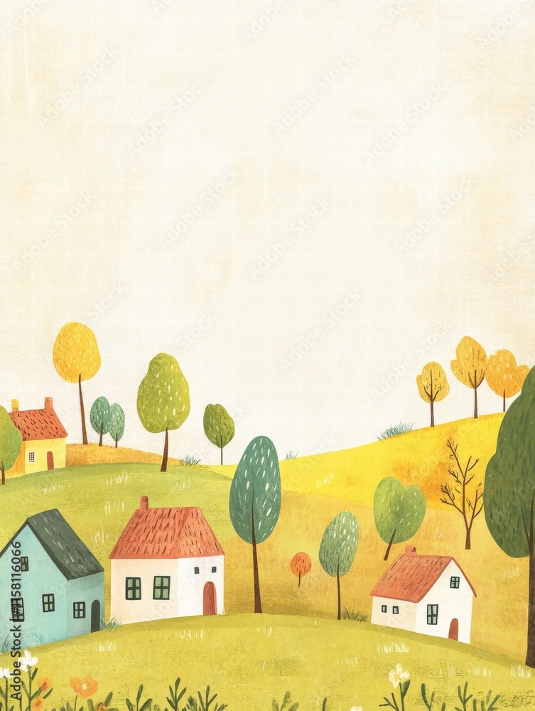 Poster cheerful naive art style landscape featuring colorful houses and vibrant nature with ample space for