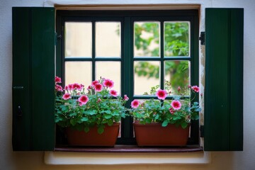 Richly blooming geranium flowers on the windows