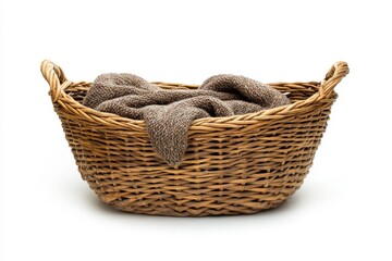 Wicker laundry basket with a brown knitted blanket inside. Perfect for rustic, cozy, or home-related designs.