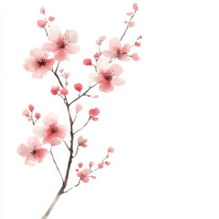 Fototapeta premium Delicate watercolor plum blossom branch with pink flowers on white background