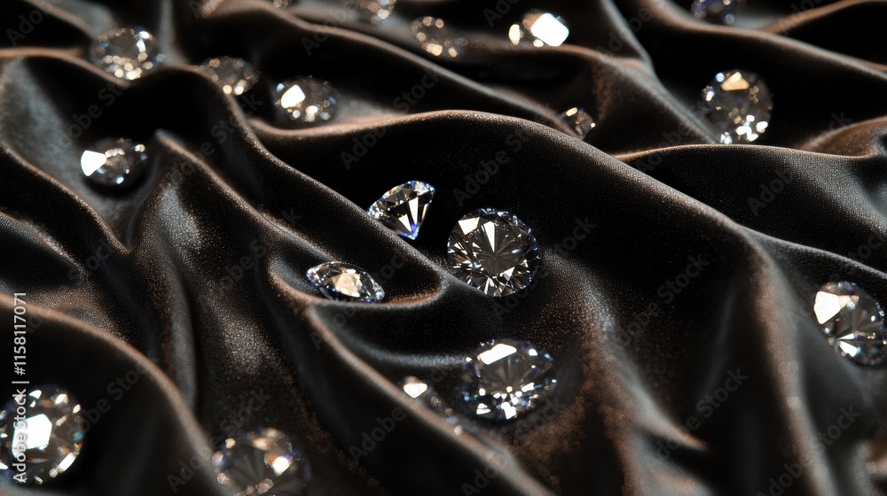 Poster Sparkling diamonds shine elegantly on luxurious satin fabric with ample space for text and branding. Generative AI