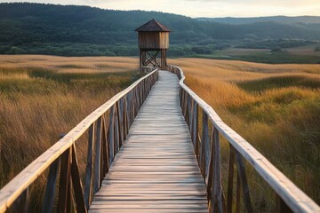 Old wooden boardwalk with a railing on the side and watchtower in the Sic reed reservation- Cluj - Romania