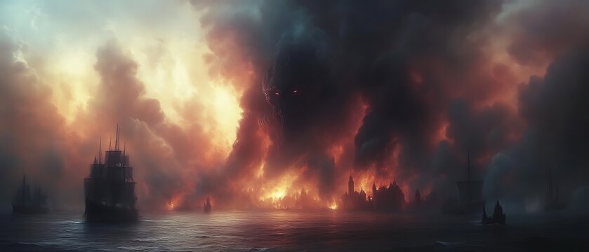 Giant monster attacks coastal city, ships flee burning chaos.