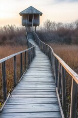 Old wooden boardwalk with a railing on the side and watchtower in the Sic reed reservation- Cluj - Romania