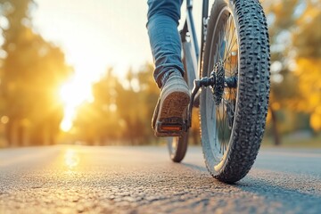 Naklejka premium Bicyclist Riding on Paved Path at Sunset