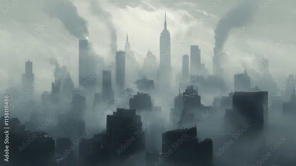 Poster dense smog engulfs urban skyline creating a dramatic backdrop of obscured skyscrapers and muted city