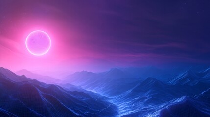 Fototapeta premium Retro wave-inspired glowing horizon, vivid pink sun with stripes, surreal grid mountains in neon blue and purple, cosmic vaporwave vibe