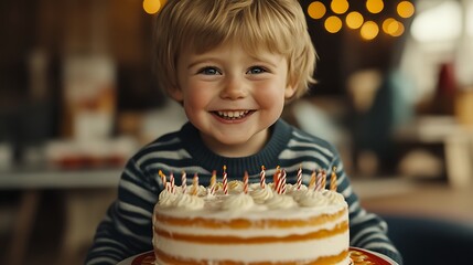 Happy toddler boy with birthday cake.