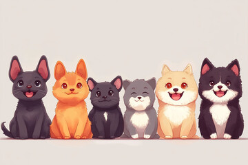 Cute cartoon dogs line up happily with playful expressions in vibrant colors